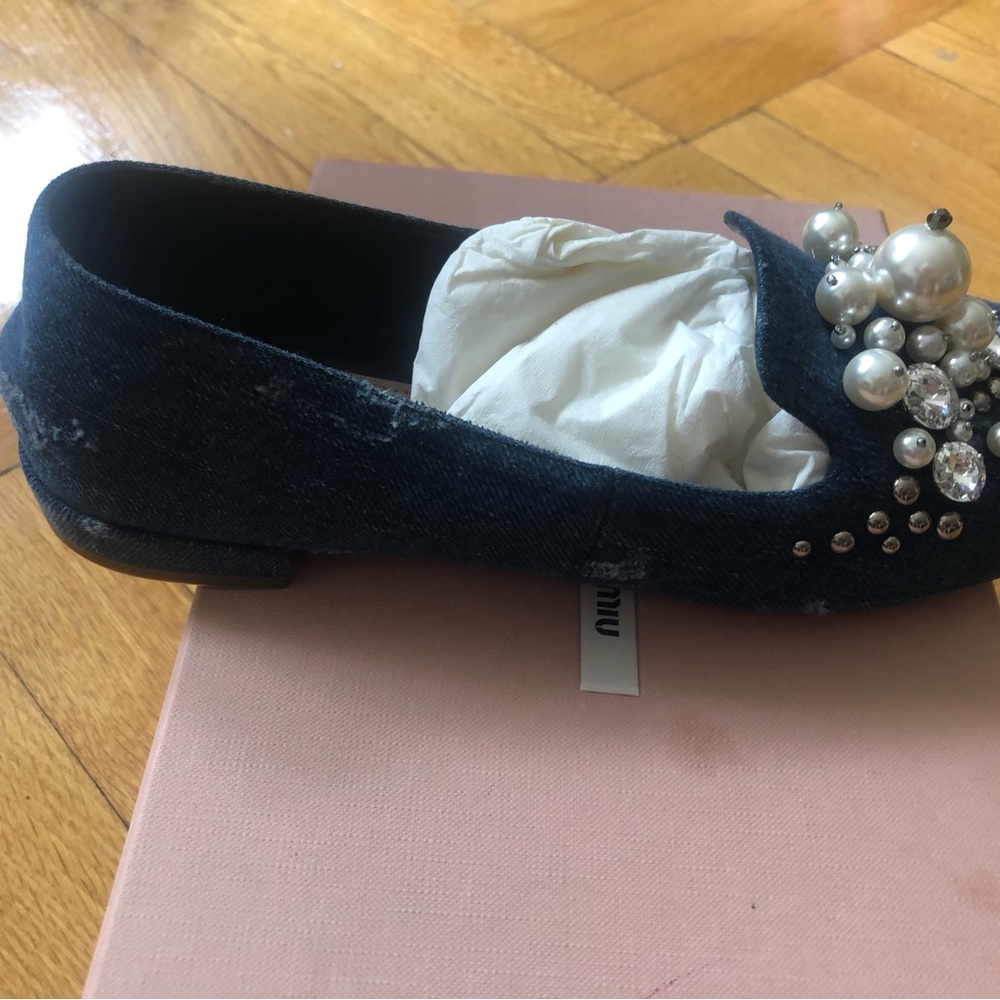 Miu Miu Navy Denim Pearl & Crystal Embellished Loafers - Picture 8 of 9